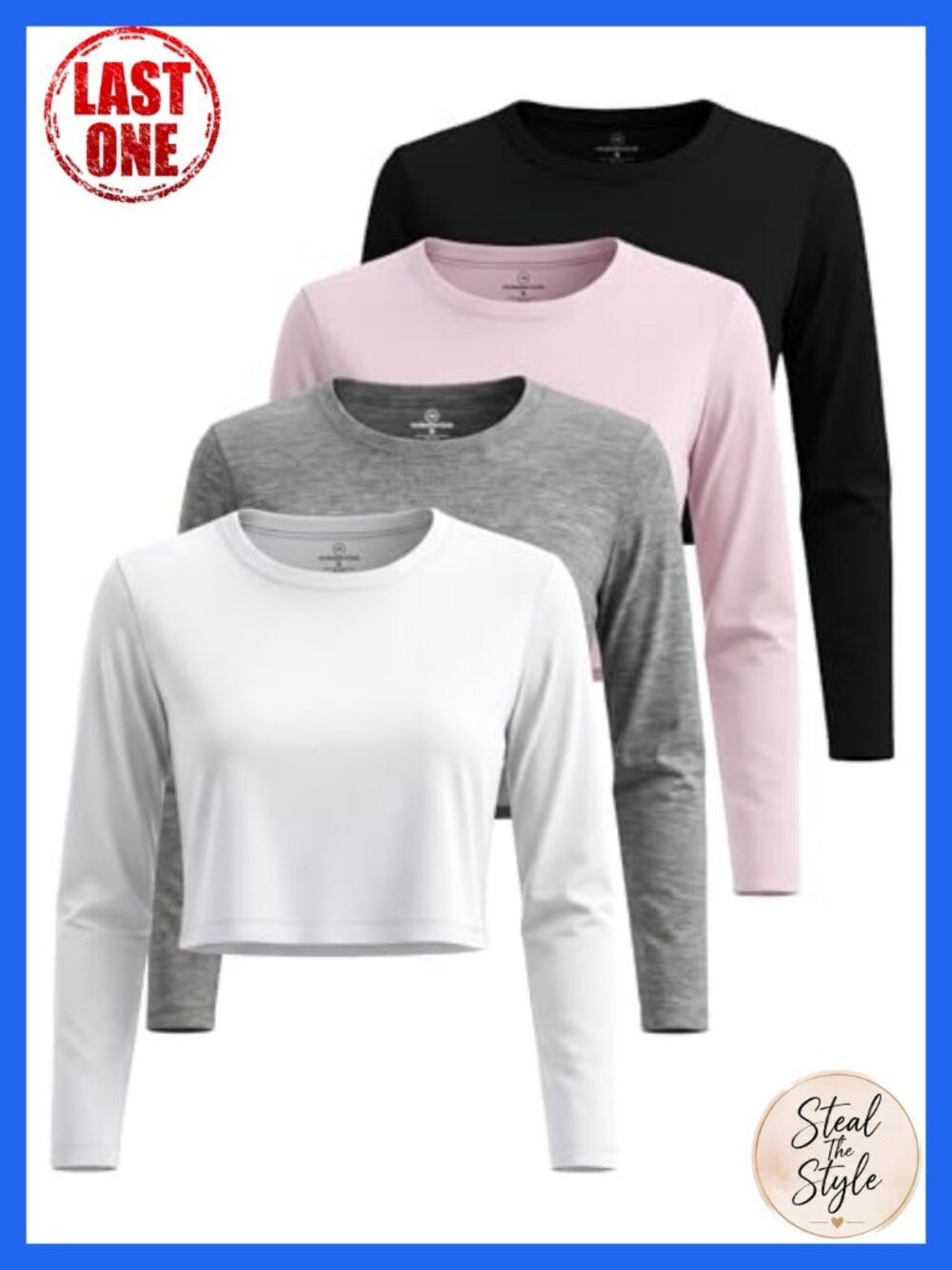 Cotton Blend Long Sleeve Crop Tops 4 Pack Crew Neck Tees